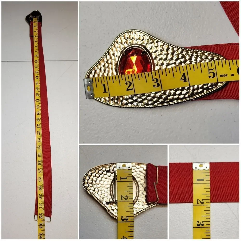 Vintage 80s Red Stretch Belt with Hammered Metal Gold Buckle Red Gem